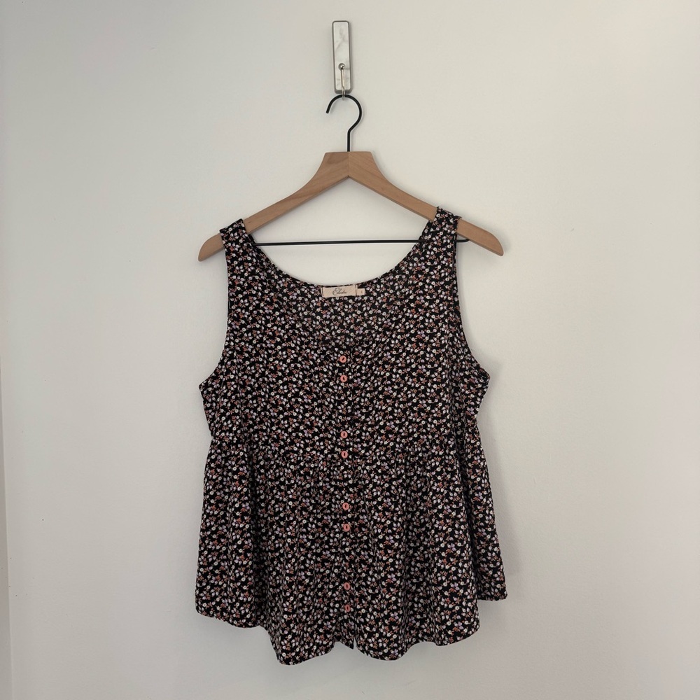 Elodie Black Floral Tank Top Button Front Cottagecore Size L